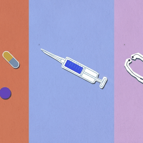 Illustration de médicaments, d'une seringue et d'un stéthoscope sur fond coloré