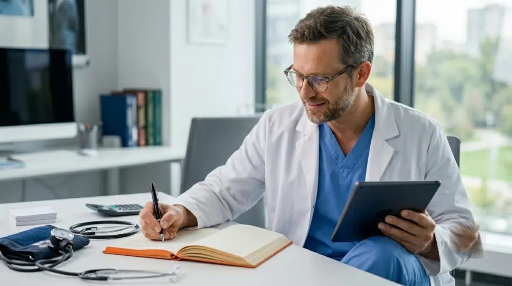 Médecin gérant la comptabilité de son cabinet, carnet et tablette en main