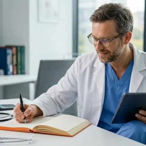 Médecin gérant la comptabilité de son cabinet, carnet et tablette en main