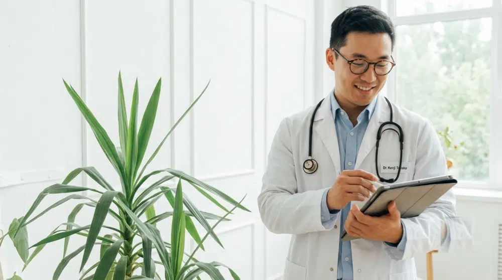 Médecin consultant une tablette numérique dans un cabinet moderne