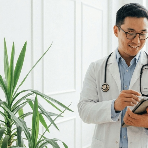 Médecin consultant une tablette numérique dans un cabinet moderne